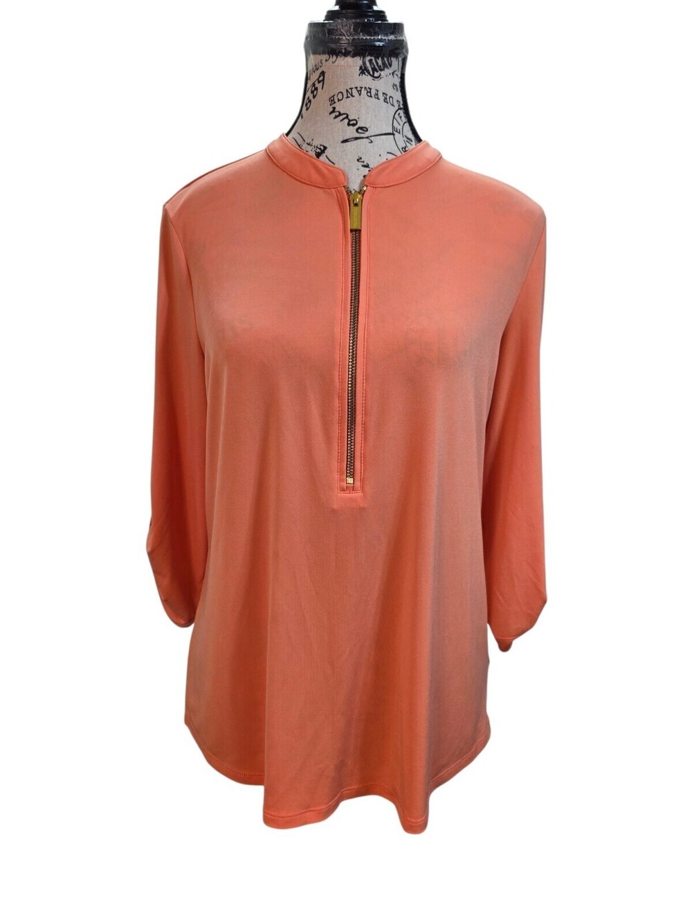 Ellen Tracy Top Medium M Peach Coral Pink Gold Zip Tab Sleeve Blouse Minimalist